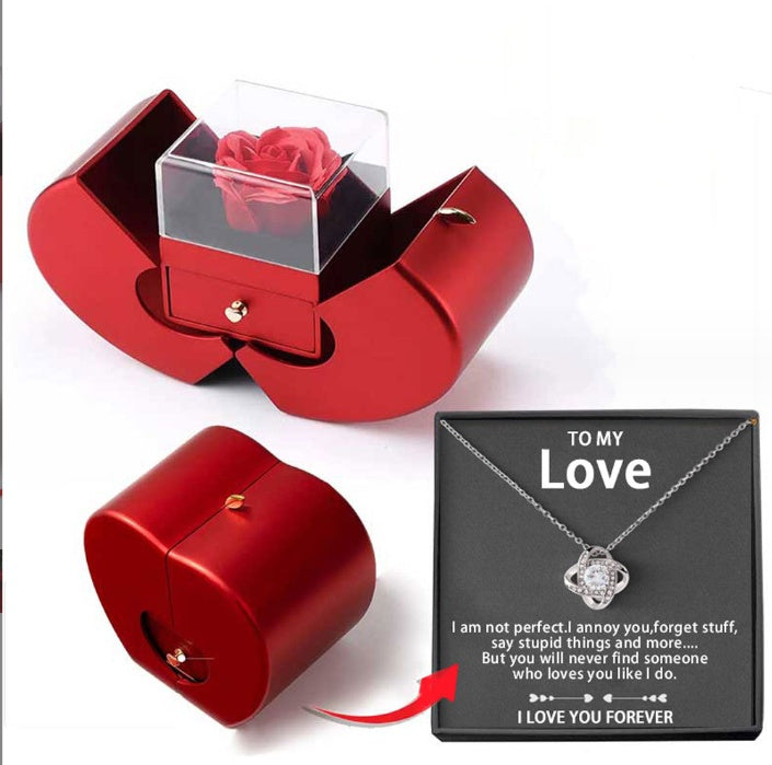 Boîte à bijoux de mode pomme rouge cadeau de Noël collier rose éternelle pour fille cadeaux de la fête des mères et de la Saint-Valentin avec boîte à bijoux en fleur artificielle.