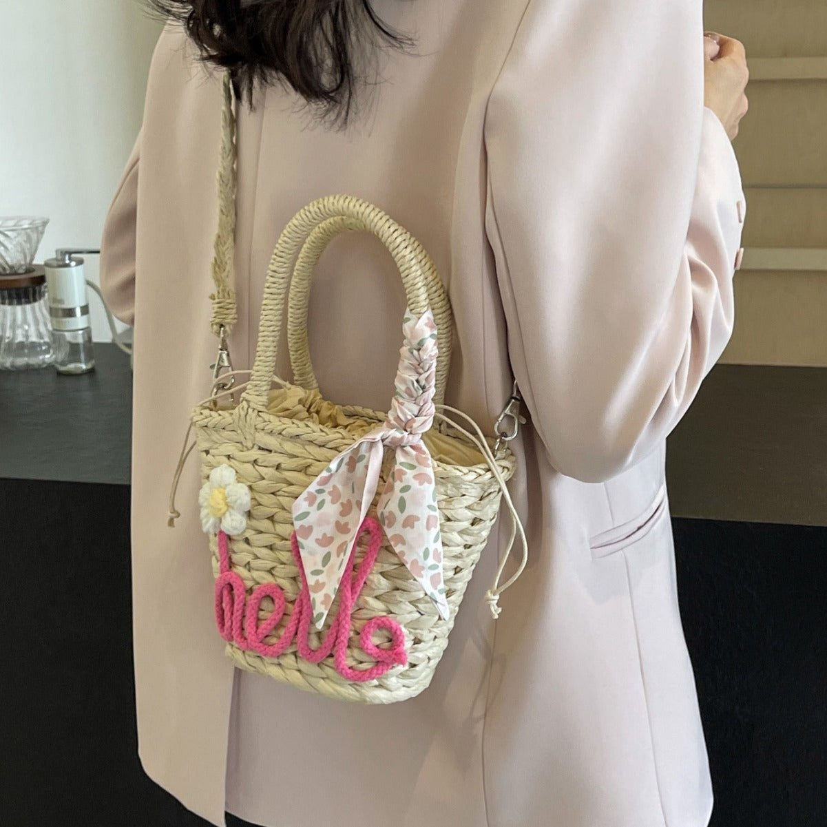 Sac à main tissé pour femme, sac à bandoulière en paille avec lettres tendance