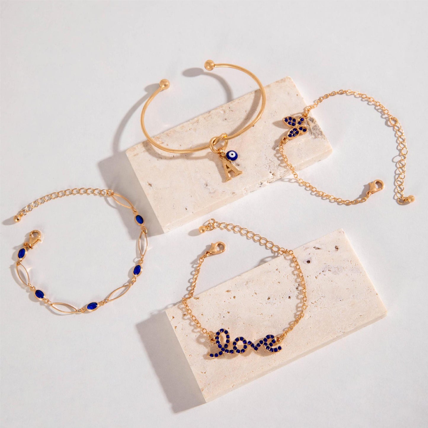 Lot de 4 bracelets papillons et fleurs bleues avec strass pour la Saint-Valentin