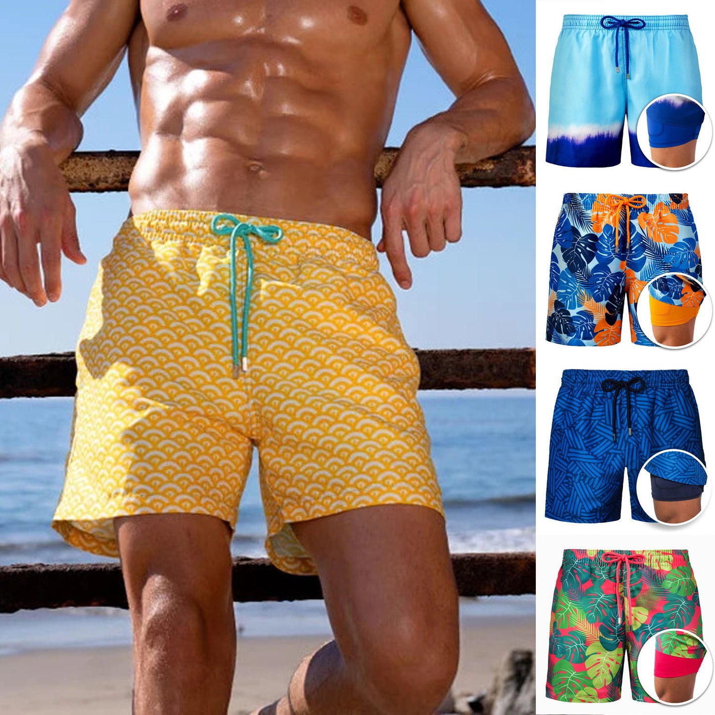 Shorts européens et américains Pantalons de plage pour hommes Pantalons de sport Shorts doubles imprimés