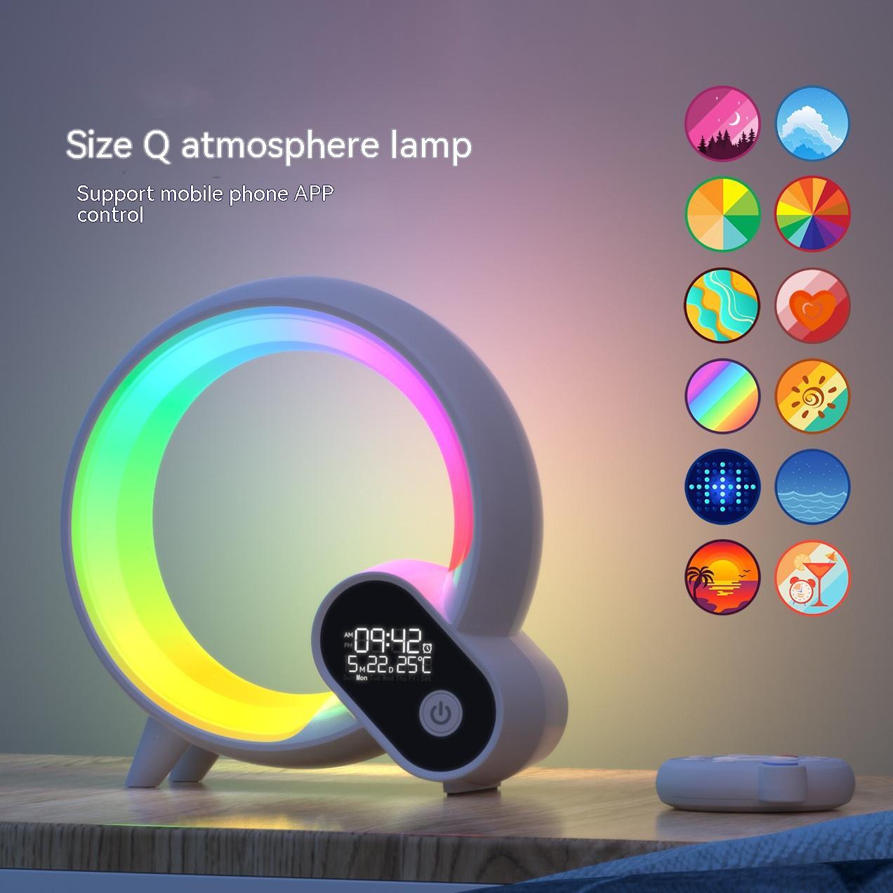 Horloge de réveil analogique créative Q Light avec affichage numérique, audio Bluetooth et fonction de réveil intelligent Q, lumière d'atmosphère colorée.