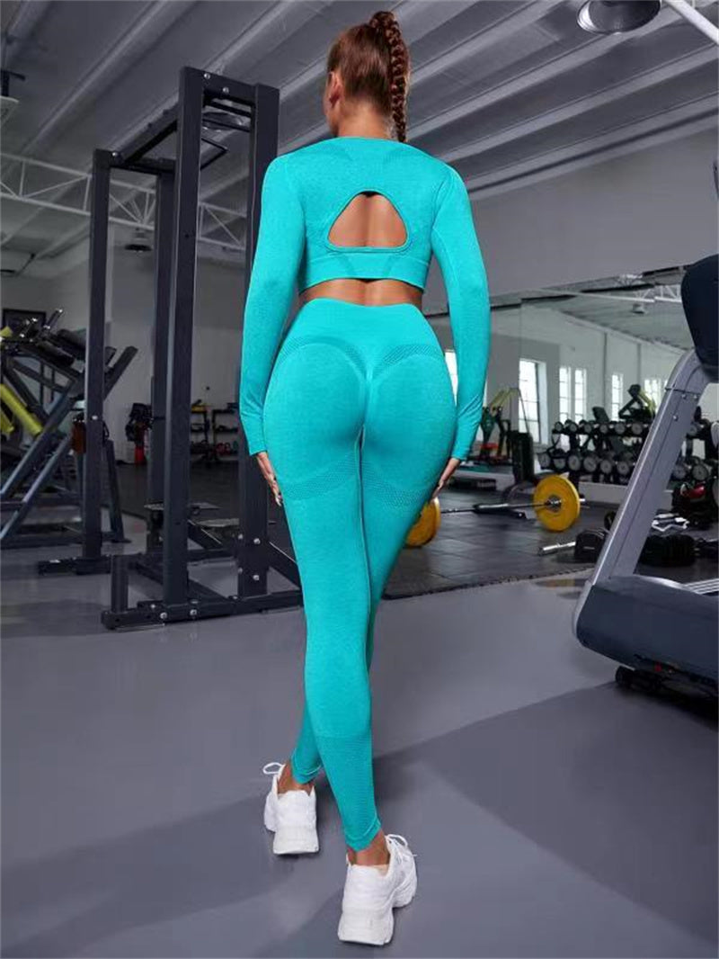 Ensembles de sport 2 pièces, hauts à manches longues avec design creux et leggings de fitness sans couture à taille haute pour le soulèvement des fesses, vêtements de sport pour la gym.