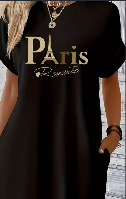 Robe tunique à col rond et imprimé Paris Midi - Motif géométrique, élasticité moyenne, semi-transparente, deux poches, coupe ample, lavable en machine, parfaite pour le printemps, l'été et l'automne - T-shirt décontracté à manches courtes pour femme