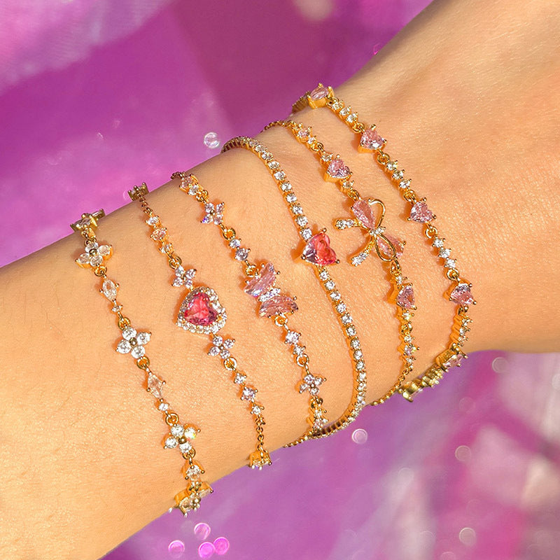 Bracelet en strass avec nœud en forme de cœur Y2K à la mode Bracelet en chaîne pour la Saint-Valentin