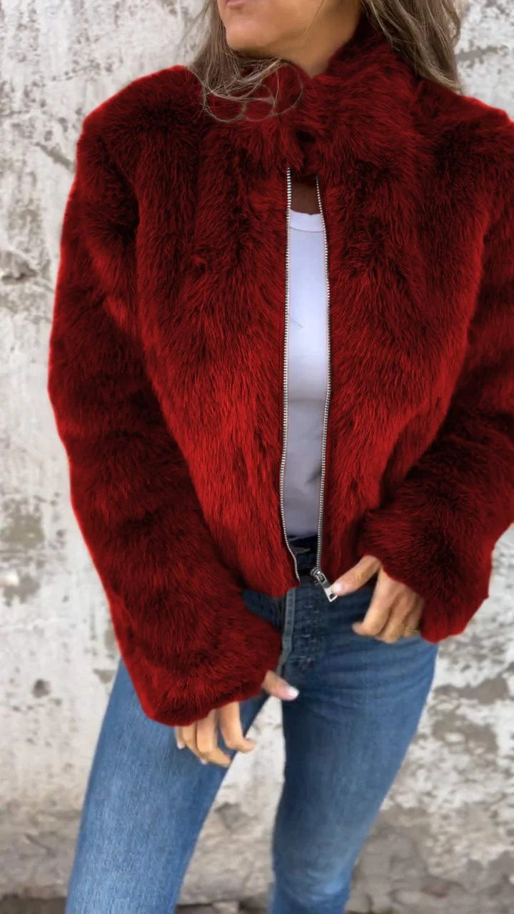 Veste en peluche à col montant, manteau zippé décontracté d'hiver, haut en polaire, vêtements pour femmes.