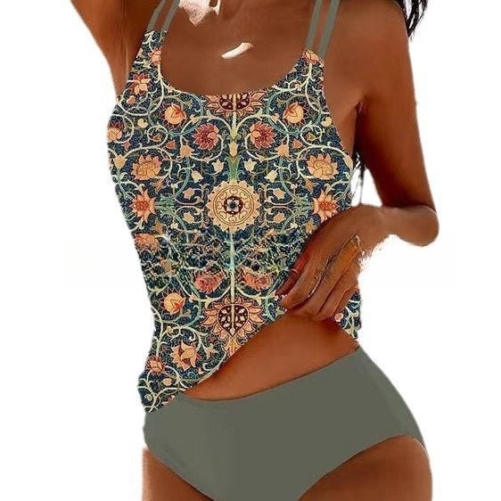 Maillot de bain rétro fendu taille haute imprimé plage à bretelles - KaoKao