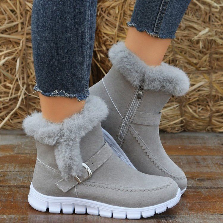 Nouvelles bottes de neige d'hiver chaudes et épaisses de couleur unie en peluche avec boucle et chaussures plates en velours pour femmes - KaoKao