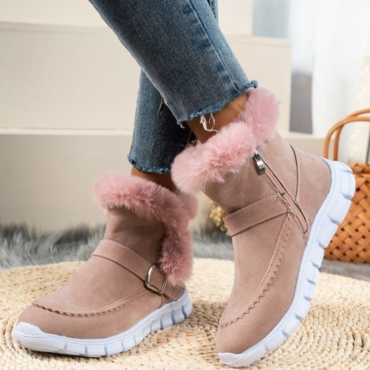 Nouvelles bottes de neige d'hiver chaudes et épaisses de couleur unie en peluche avec boucle et chaussures plates en velours pour femmes - KaoKao