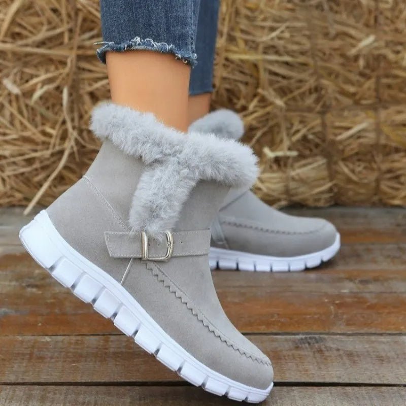 Nouvelles bottes de neige d'hiver chaudes et épaisses de couleur unie en peluche avec boucle et chaussures plates en velours pour femmes - KaoKao