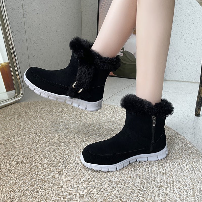 Nouvelles bottes de neige d'hiver chaudes et épaisses de couleur unie en peluche avec boucle et chaussures plates en velours pour femmes - KaoKao