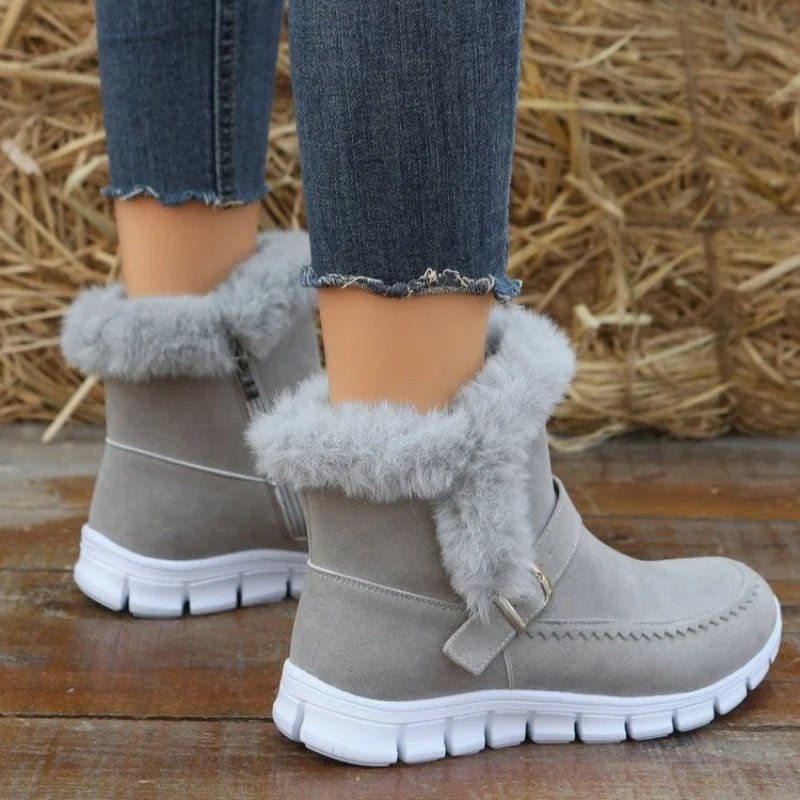 Nouvelles bottes de neige d'hiver chaudes et épaisses de couleur unie en peluche avec boucle et chaussures plates en velours pour femmes - KaoKao