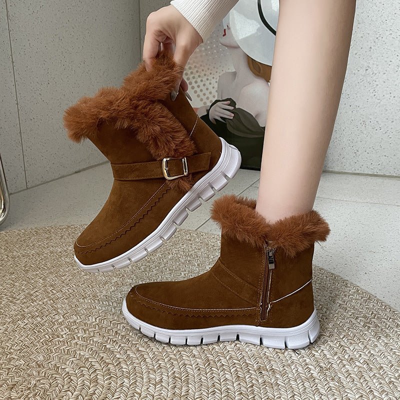 Nouvelles bottes de neige d'hiver chaudes et épaisses de couleur unie en peluche avec boucle et chaussures plates en velours pour femmes - KaoKao