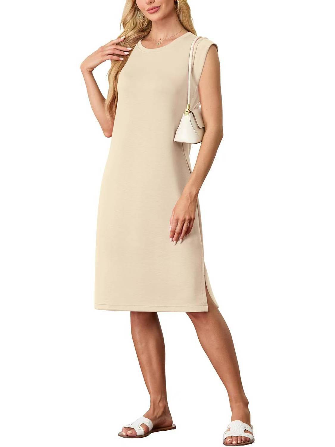 Robe à col rond sans manches et poches fendues pour femme - KaoKao