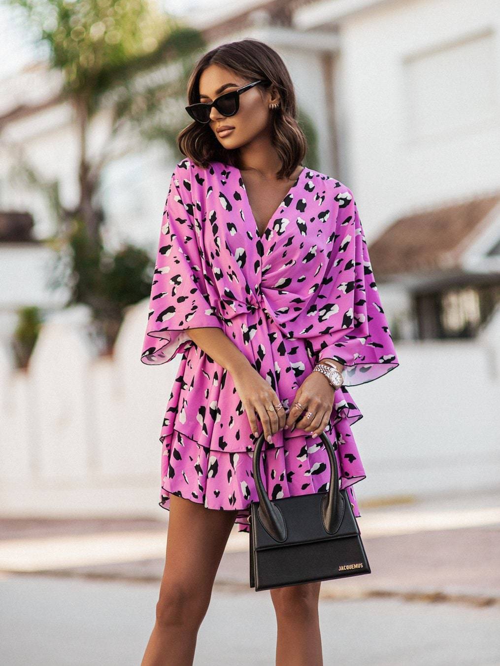 Robe ample à imprimé tendance, col en V, manches poupées - KaoKao