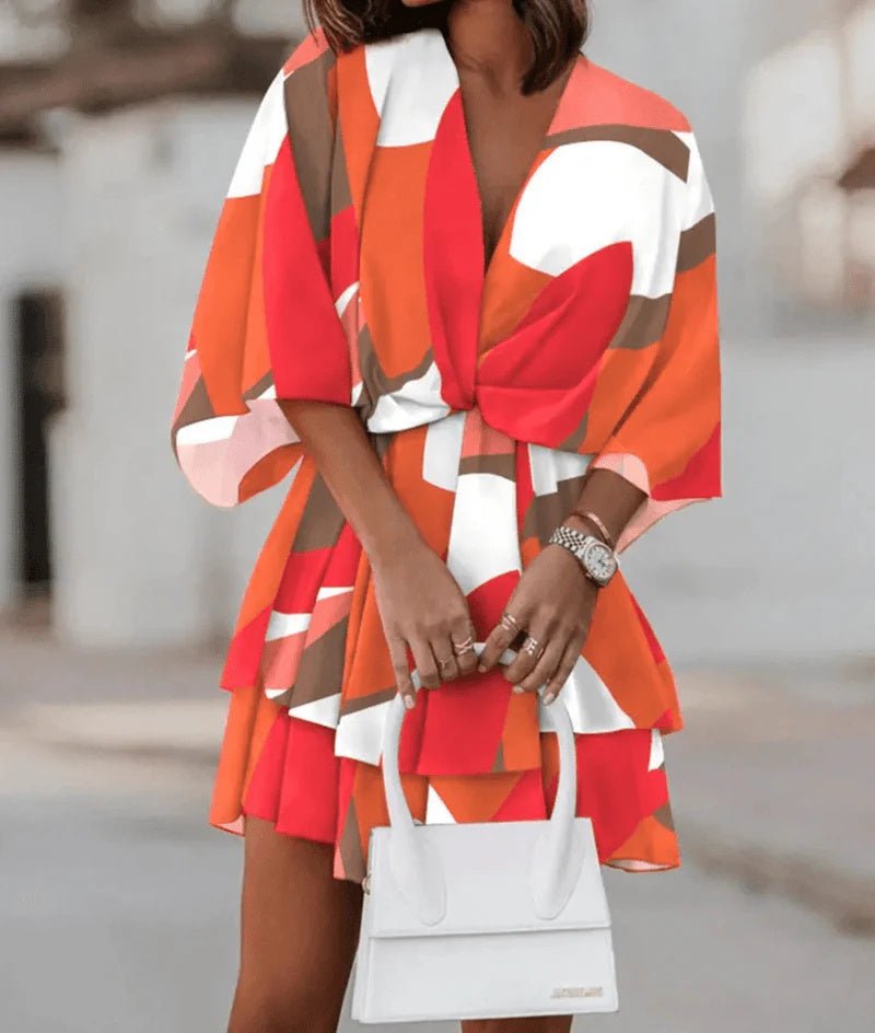 Robe ample à imprimé tendance, col en V, manches poupées - KaoKao