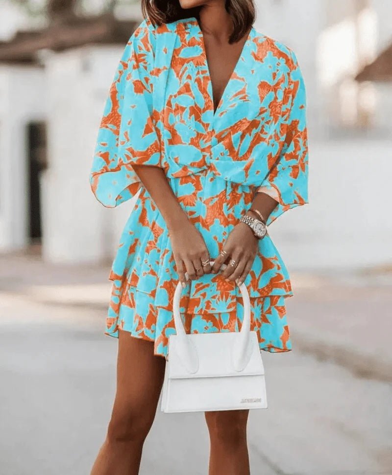Robe ample à imprimé tendance, col en V, manches poupées - KaoKao