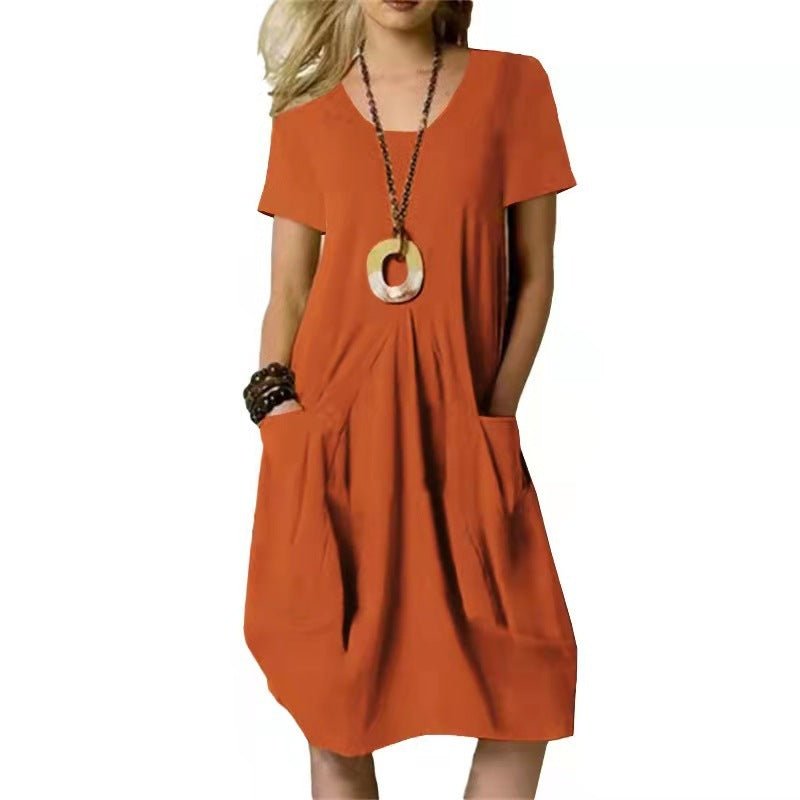 Robe ample à manches courtes et col rond en coton et lin de couleur unie - KaoKao