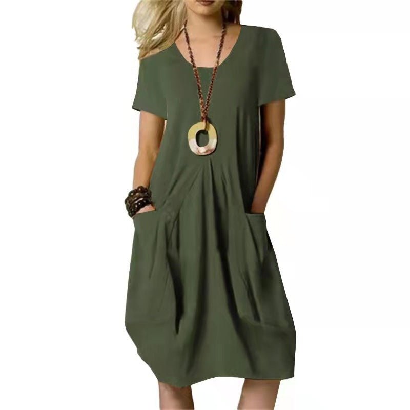Robe ample à manches courtes et col rond en coton et lin de couleur unie - KaoKao