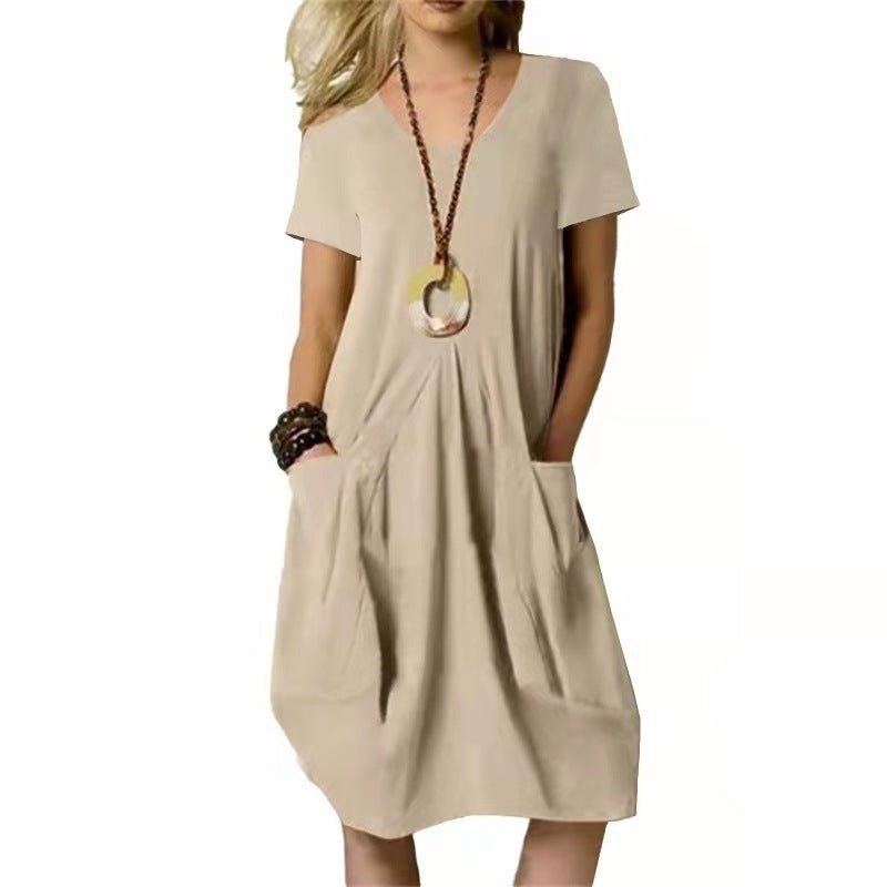 Robe ample à manches courtes et col rond en coton et lin de couleur unie - KaoKao