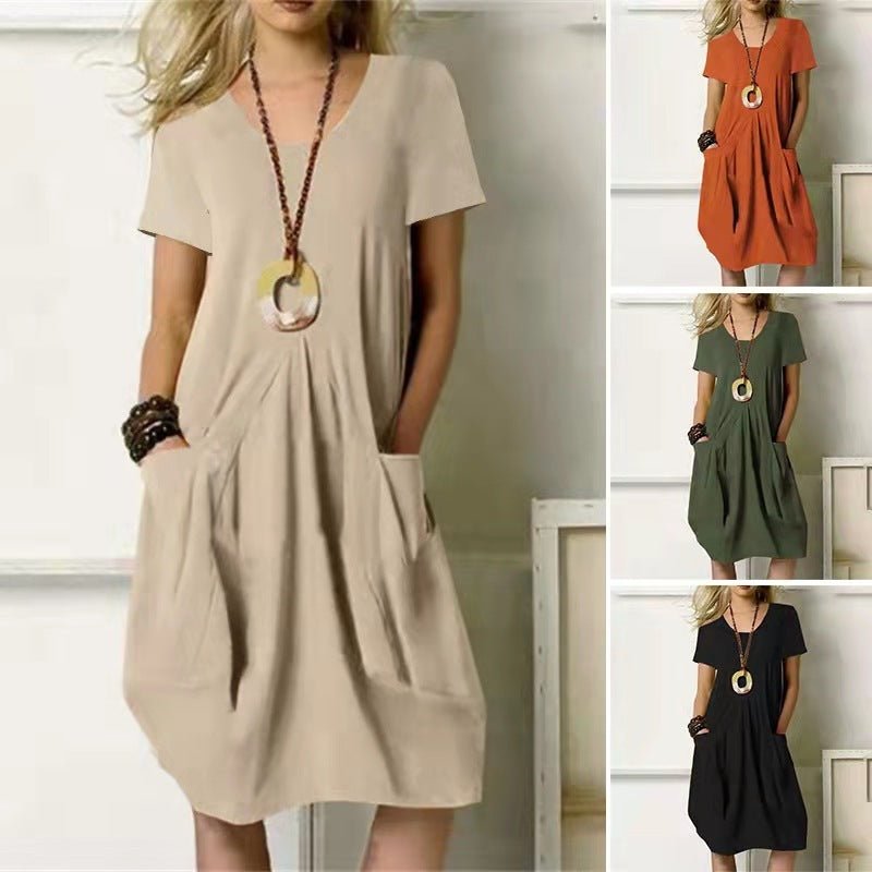 Robe ample à manches courtes et col rond en coton et lin de couleur unie - KaoKao