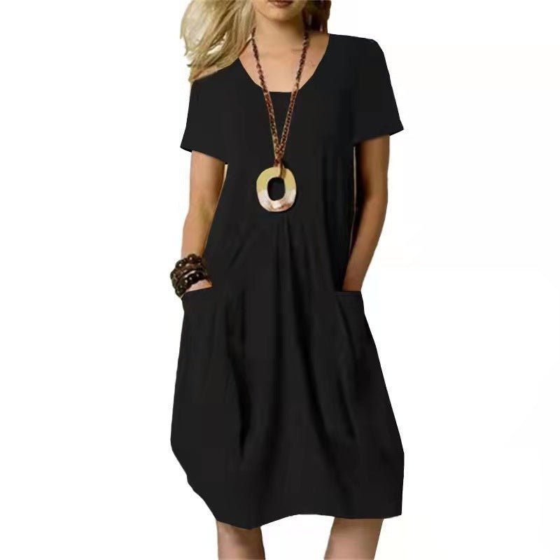 Robe ample à manches courtes et col rond en coton et lin de couleur unie - KaoKao
