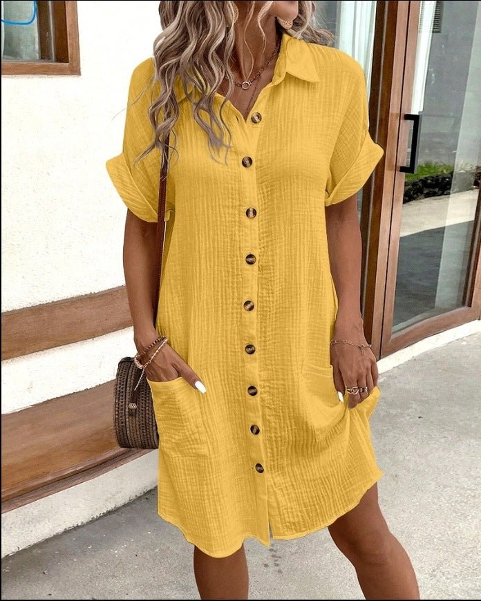 Robe chemise d'été à manches courtes, couleur unie, simple boutonnage, mi - longue, ample - KaoKao