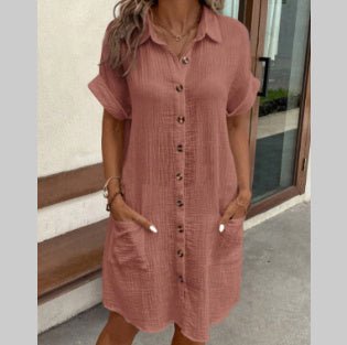 Robe chemise d'été à manches courtes, couleur unie, simple boutonnage, mi - longue, ample - KaoKao