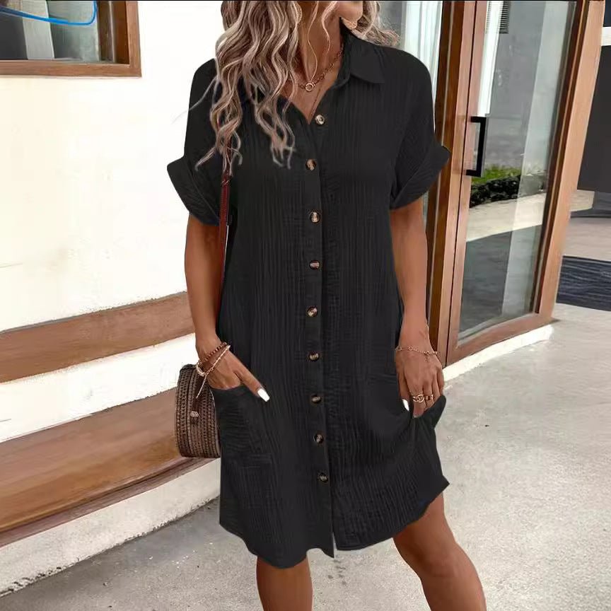 Robe chemise d'été à manches courtes, couleur unie, simple boutonnage, mi - longue, ample - KaoKao