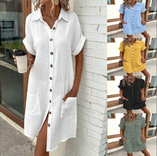 Robe chemise d'été à manches courtes, couleur unie, simple boutonnage, mi - longue, ample - KaoKao