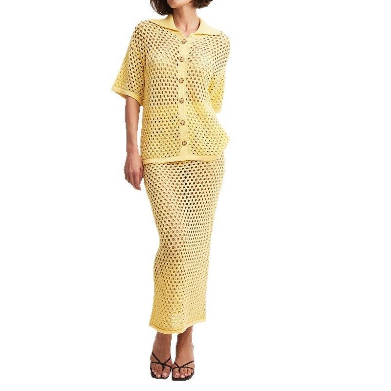 Robe chemise en maille résille ajourée à la mode avec jupe décontractée - KaoKao