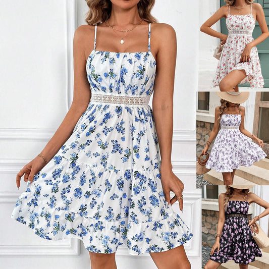 Robe courte à imprimé floral avec bordure en dentelle et bretelles réglables - KaoKao