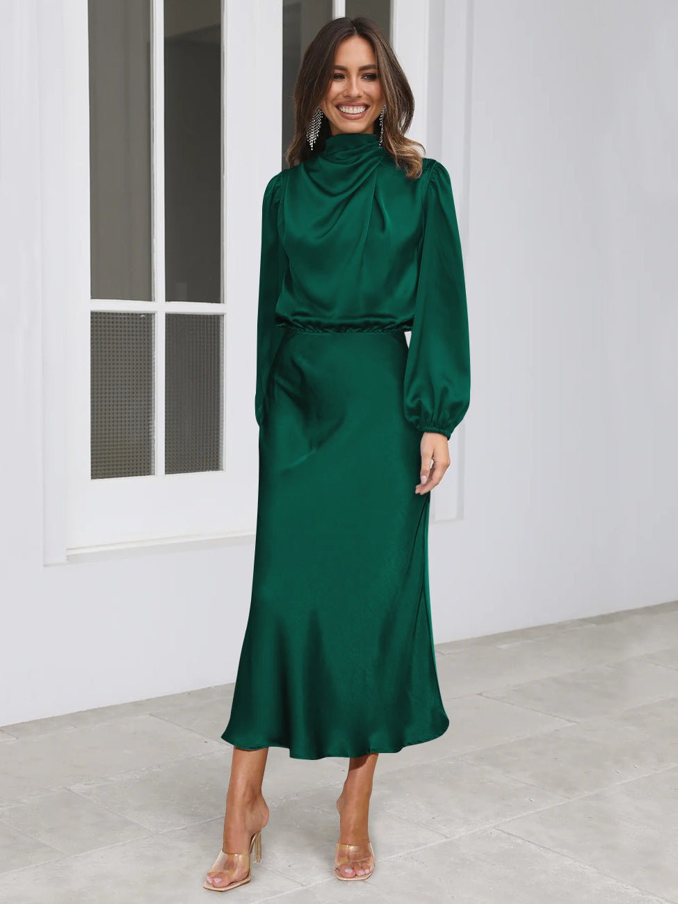 Robe de soirée élégante en satin à manches longues et col licou pour femme, tenue de soirée élégante, printemps et automne - KaoKao