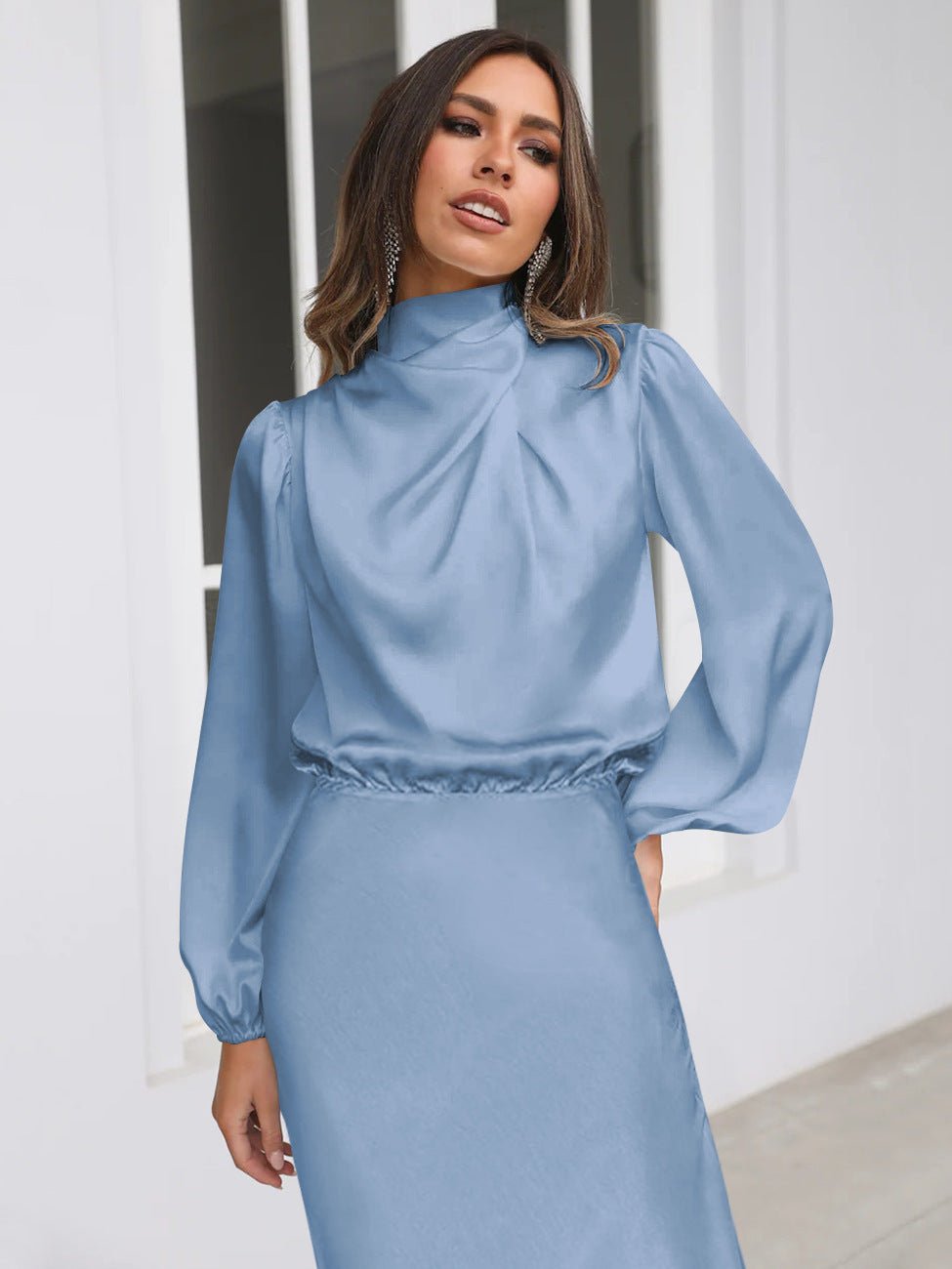 Robe de soirée élégante en satin à manches longues et col licou pour femme, tenue de soirée élégante, printemps et automne - KaoKao