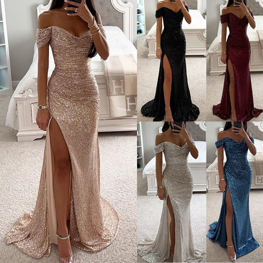 Robe de soirée fendue à paillettes et col dénudé pour femme - KaoKao