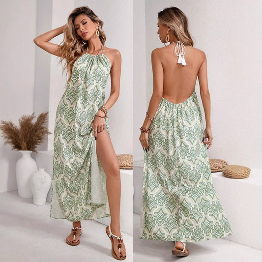 Robe de vacances fendue dos nu à lacets et pompons pour femme - KaoKao