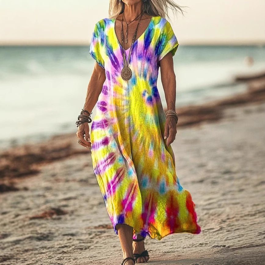 Robe décontractée à col en V et manches chauve - souris imprimées tie - dye - KaoKao