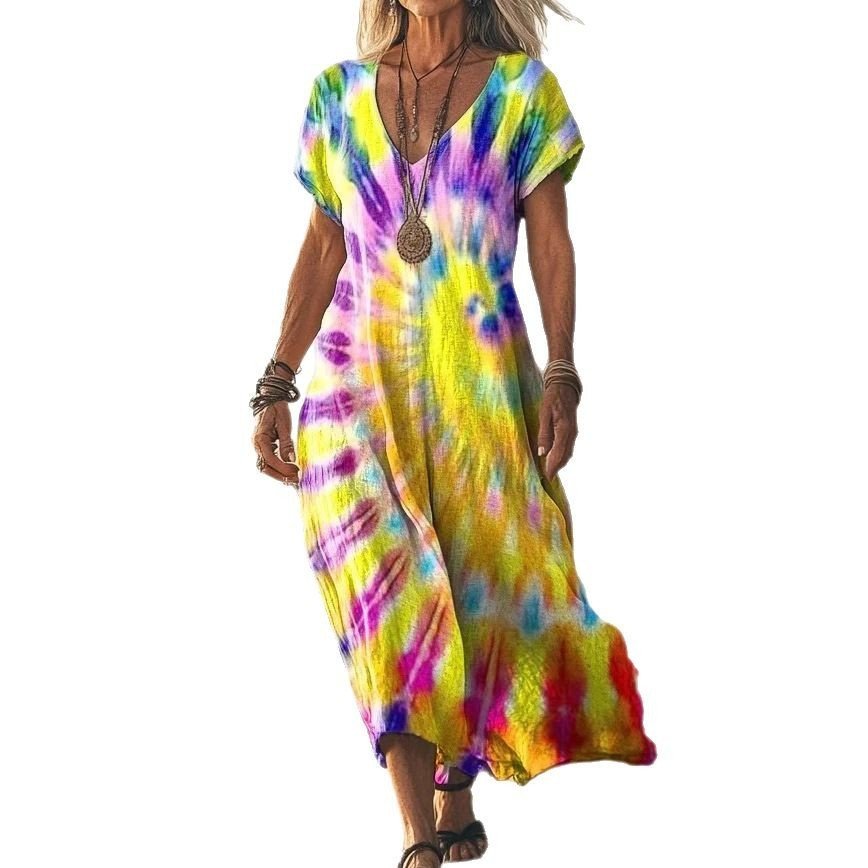 Robe décontractée à col en V et manches chauve - souris imprimées tie - dye - KaoKao