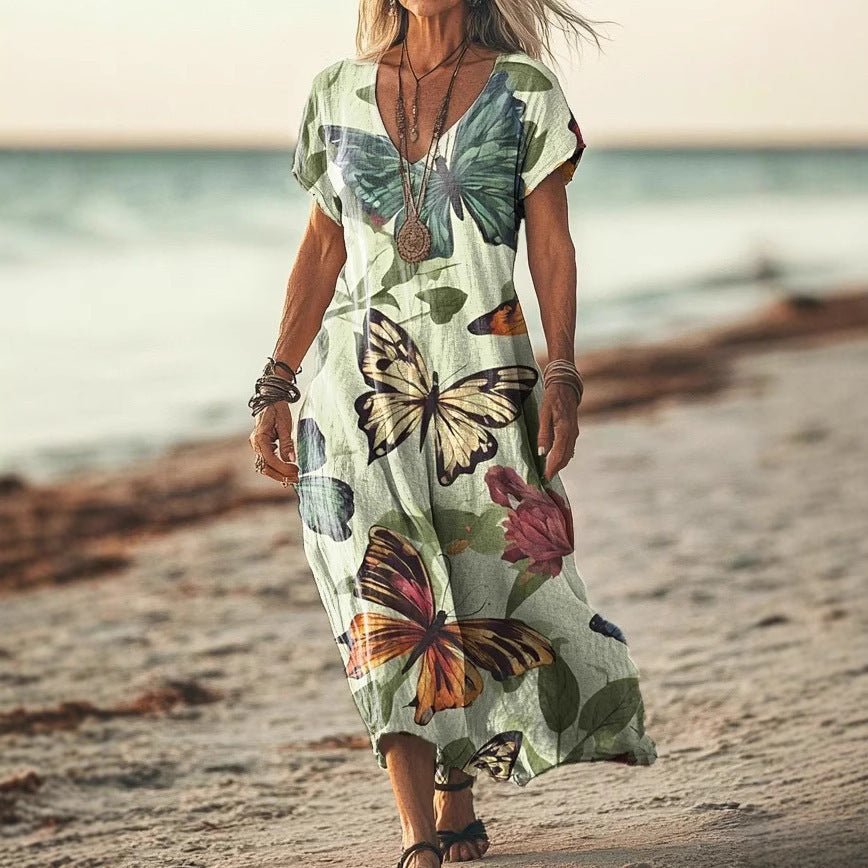 Robe décontractée à col en V et manches chauve - souris imprimées tie - dye - KaoKao