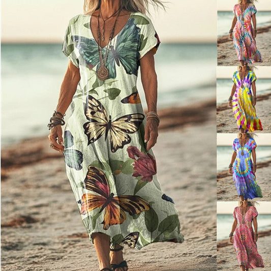 Robe décontractée à col en V et manches chauve - souris imprimées tie - dye - KaoKao