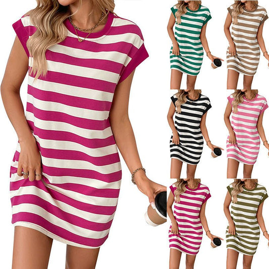 Robe décontractée à manches courtes et col rond pour femme, jupe courte rayée avec poches - KaoKao