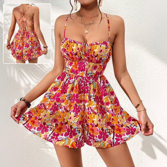Robe d'été à imprimé floral pour femme, avec lacets dans le dos, idéale pour les vacances en bord de mer - KaoKao