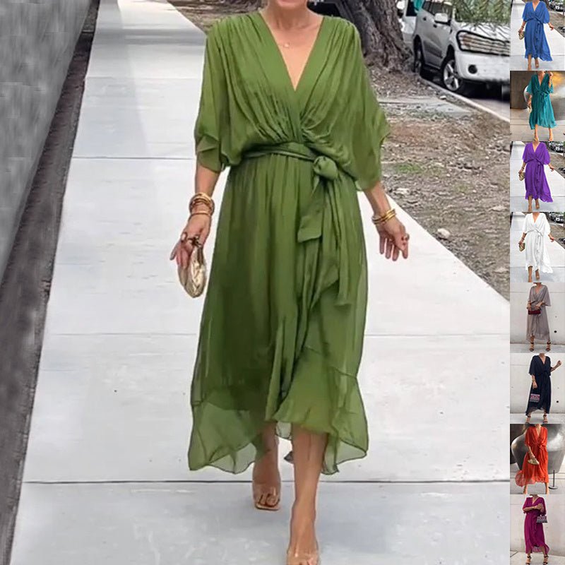 Robe d'été à manches chauve - souris et col en V, couleur unie, nouée, irrégulière, longue, vêtements pour femmes - KaoKao