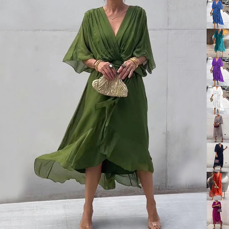 Robe d'été à manches chauve - souris et col en V, couleur unie, nouée, irrégulière, longue, vêtements pour femmes - KaoKao