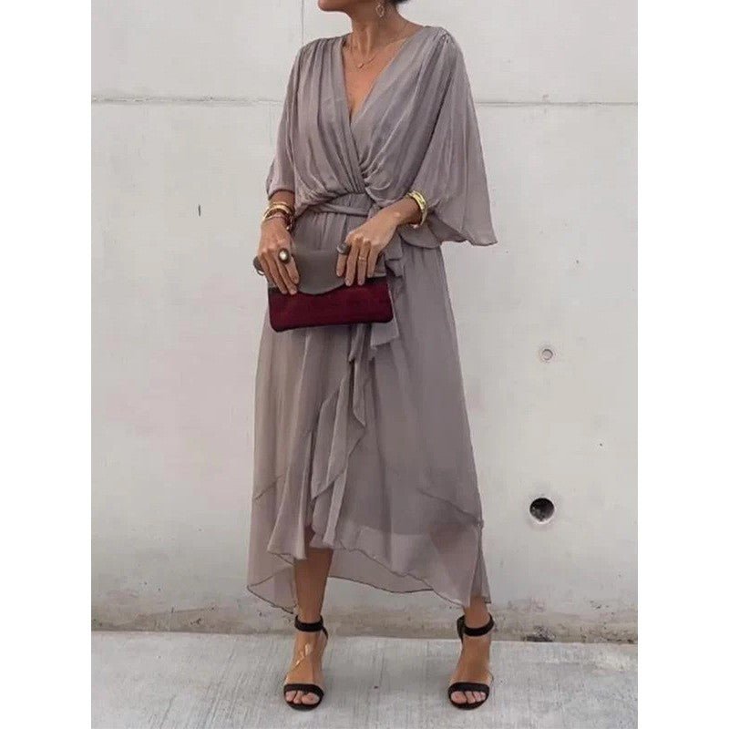 Robe d'été à manches chauve - souris et col en V, couleur unie, nouée, irrégulière, longue, vêtements pour femmes - KaoKao