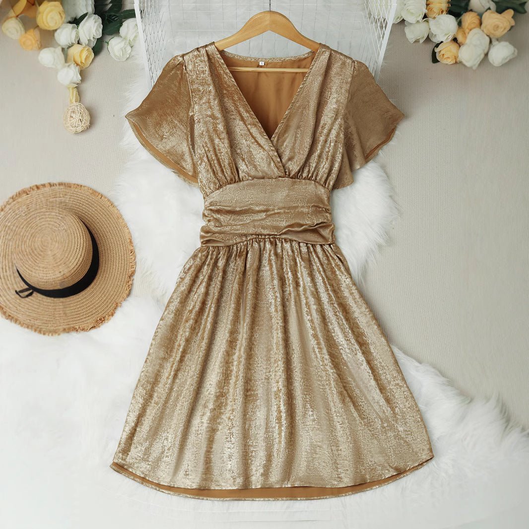 Robe d'été à volants et col en V profond, texture métallique, couleur unie - KaoKao
