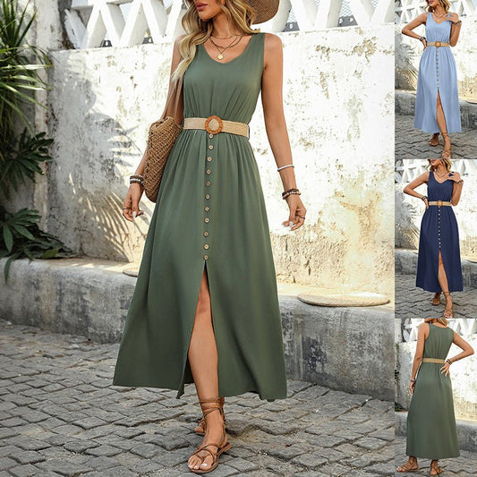 Robe d'été fendue sans manches à col rond et boutons, tenue de plage unie tendance pour femmes - KaoKao