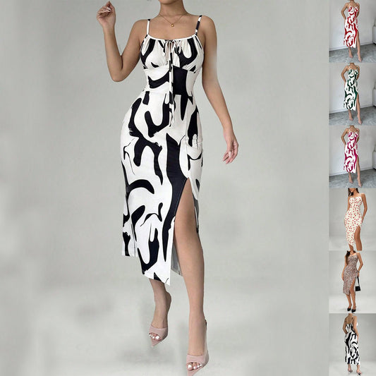 Robe d'été imprimée à bretelles fendues, mode slim à lacets, robes longues pour femmes - KaoKao
