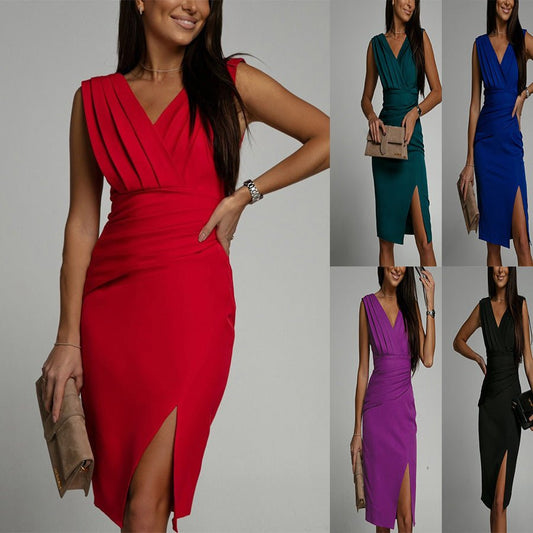 Robe d'été taille haute fendue sans manches à col en V - KaoKao