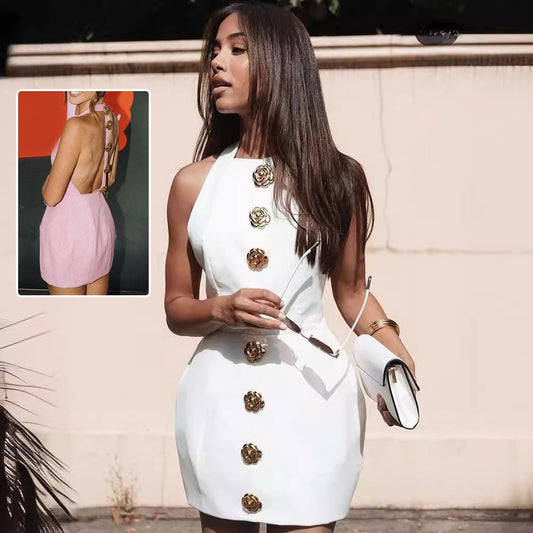 Robe dos nu sans manches avec boutons roses, style streetwear, vêtements d'été pour femmes - KaoKao