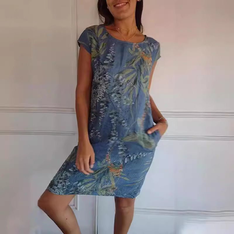 Robe droite à imprimé fleurs et feuilles, ample, col rond, manches courtes, vêtements pour femmes, été - KaoKao